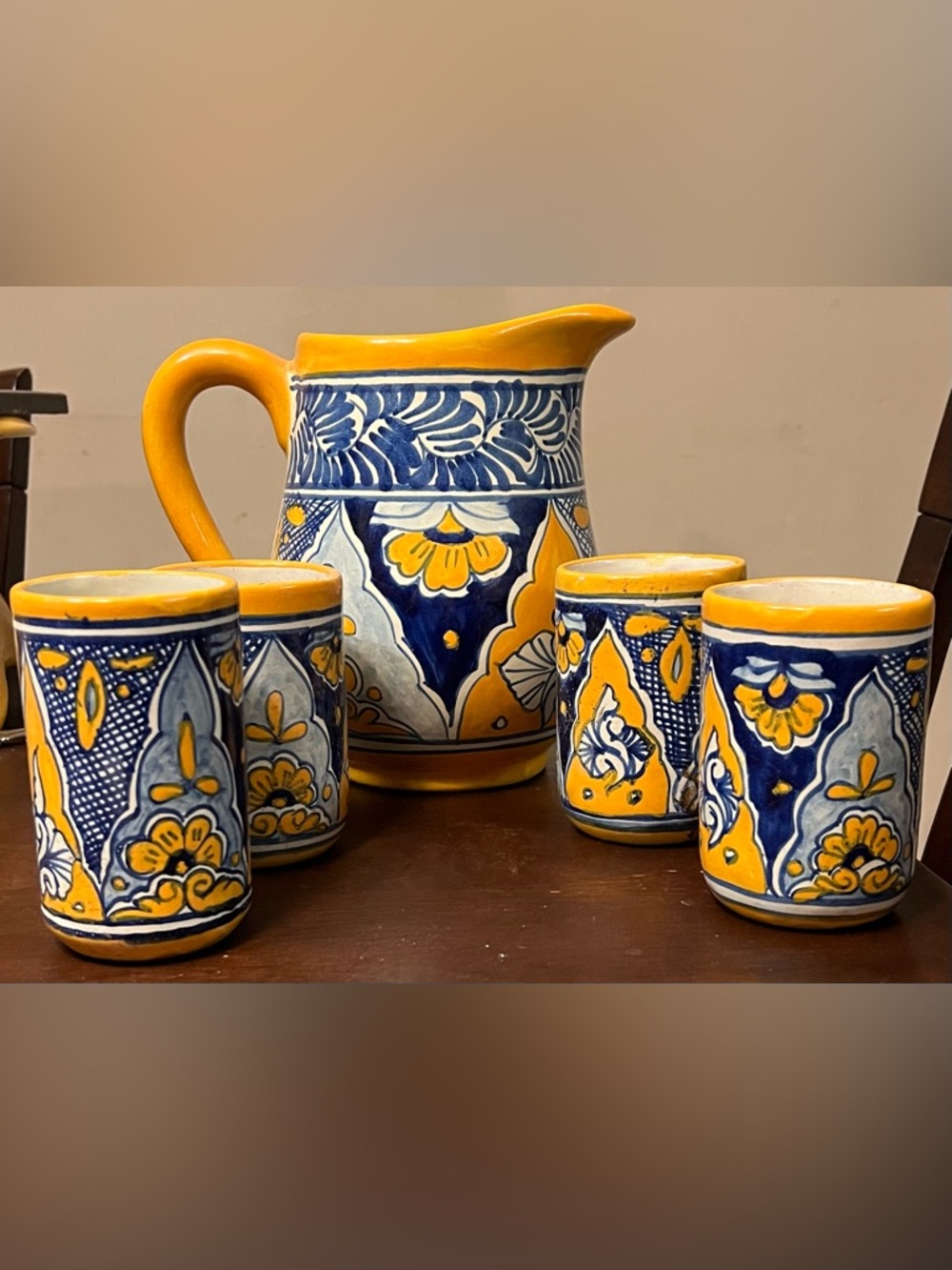 T Vazquez Mexican Pottery Pitcher and set of 4 cups